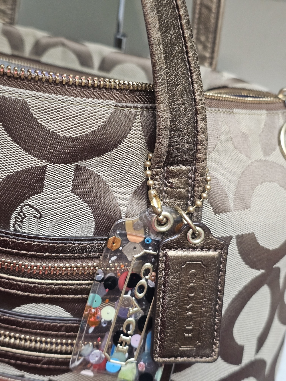 Coach Poppy Glam Op Art Signature Jacquard Canvas & Khaki Bronze Metallic Tote - Picture 4 of 15